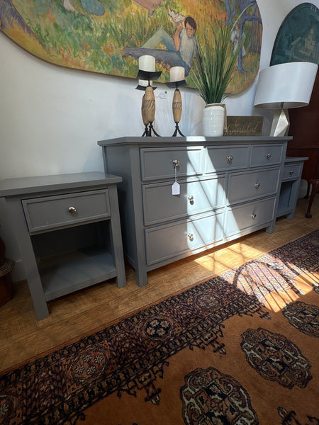 Grey dresser and stands
